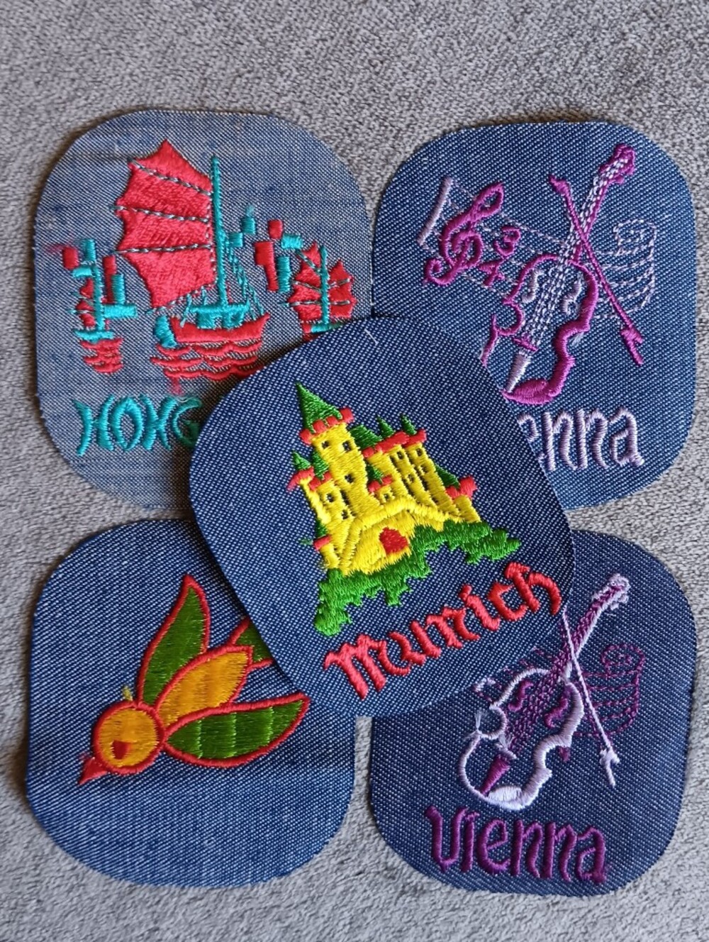 70s Vintage Denim Travel Patch Set, Iron & Sew On, Colorful Castle & City Motifs
